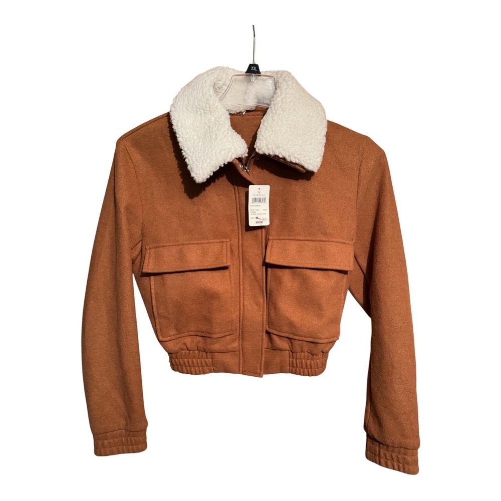 New! Women's Windsor Sz M Cozy Cool Faux Wool Sherpa Collar Trucker Jacket Crop